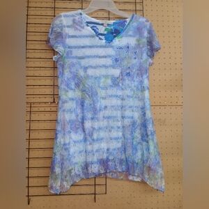 Blue and Green Floral V-Neck Top